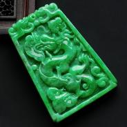 糯冰种阳绿满绿缅甸翡翠龙凤牌挂件