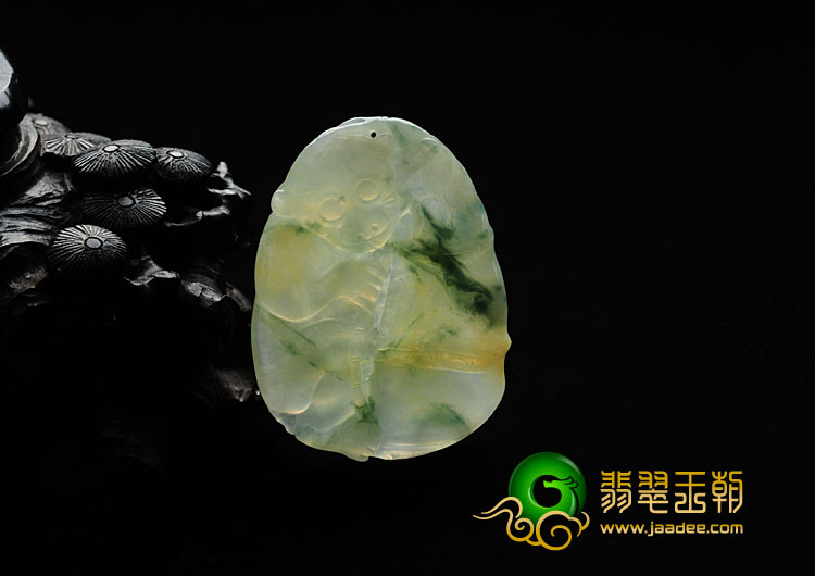 冰种黄翡飘花缅甸翡翠高升封侯挂件