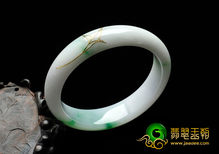 细糯种飘翠缅甸翡翠贴金手镯（53.9mm）