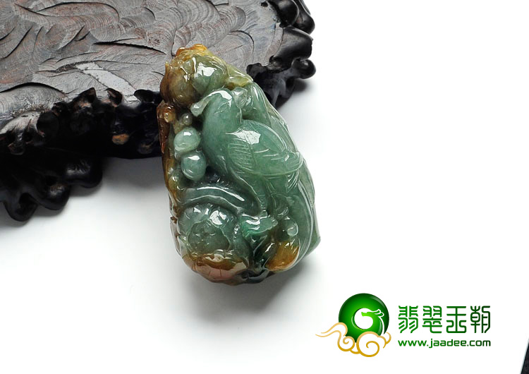 糯冰种褐黄翡缅甸翡翠鸟语花香挂件