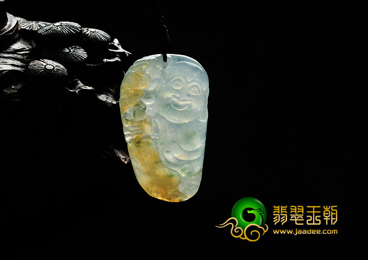 冰种黄翡飘花缅甸翡翠逍遥佛挂件