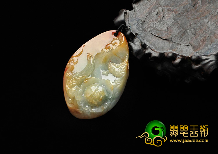 糯冰种红黄翡缅甸翡翠花开富贵挂件