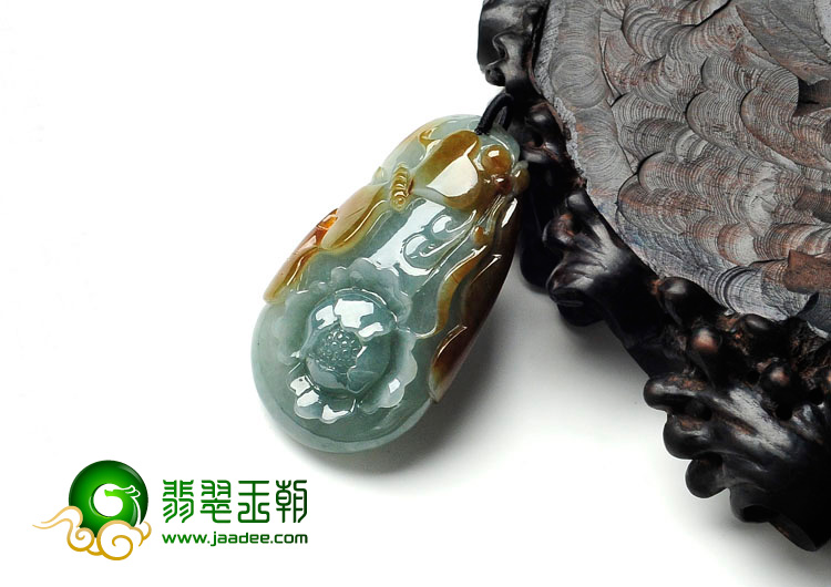糯冰种晴水褐黄翡缅甸翡翠花开富贵挂件