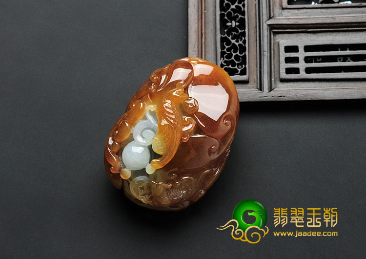 糯冰种褐红翡缅甸翡翠双喜临门挂件/手玩件