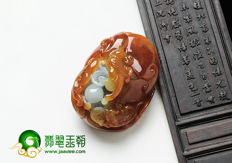 糯冰种褐红翡缅甸翡翠双喜临门挂件/手玩件