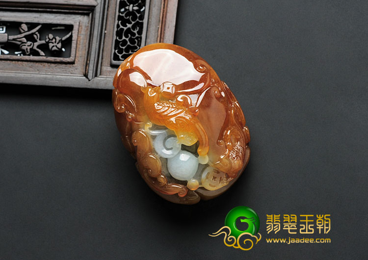 糯冰种褐红翡缅甸翡翠双喜临门挂件/手玩件