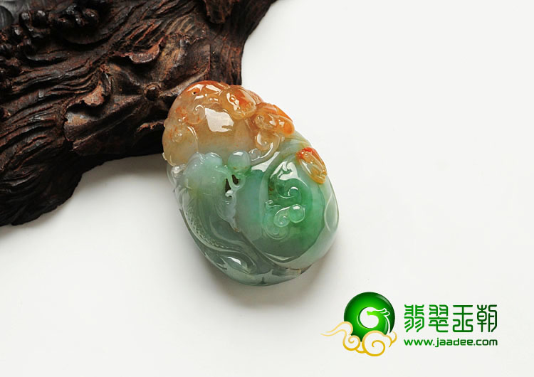 糯冰种三彩缅甸翡翠福寿有余挂件