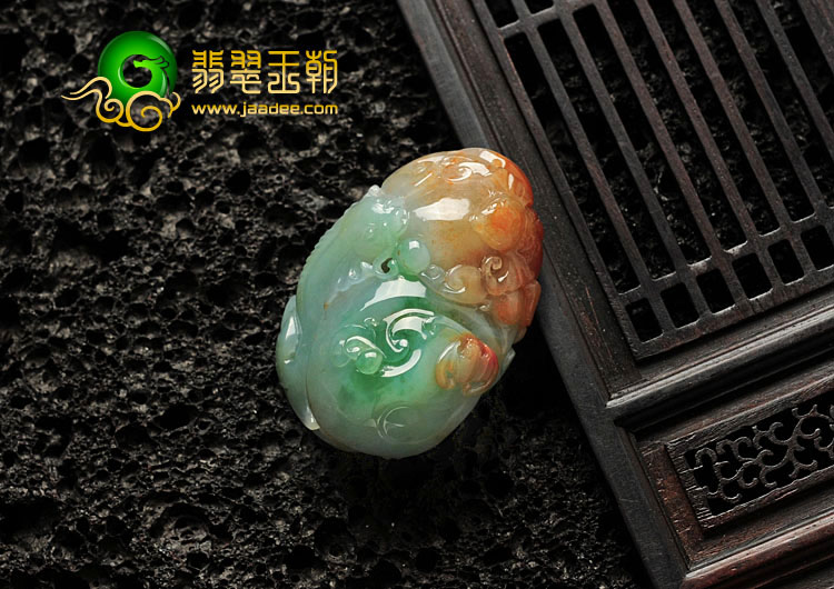 糯冰种三彩缅甸翡翠福寿有余挂件