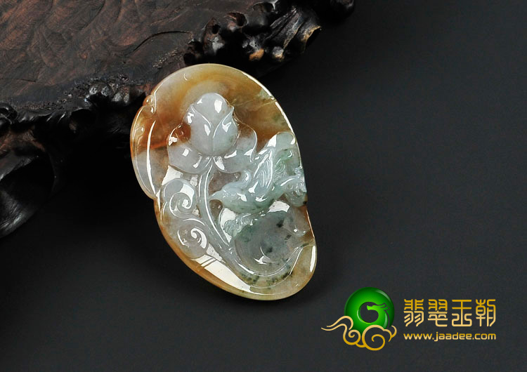 糯冰种褐黄翡飘花缅甸翡翠鸟语花香挂件