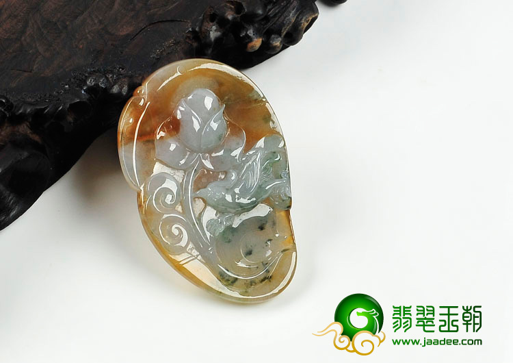 糯冰种褐黄翡飘花缅甸翡翠鸟语花香挂件