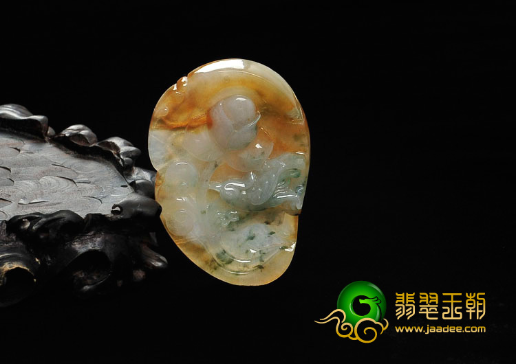 糯冰种褐黄翡飘花缅甸翡翠鸟语花香挂件
