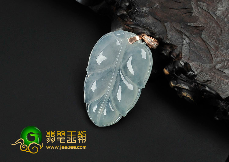 冰种晴水缅甸翡翠镶玫瑰金扣叶子挂件（真钻）