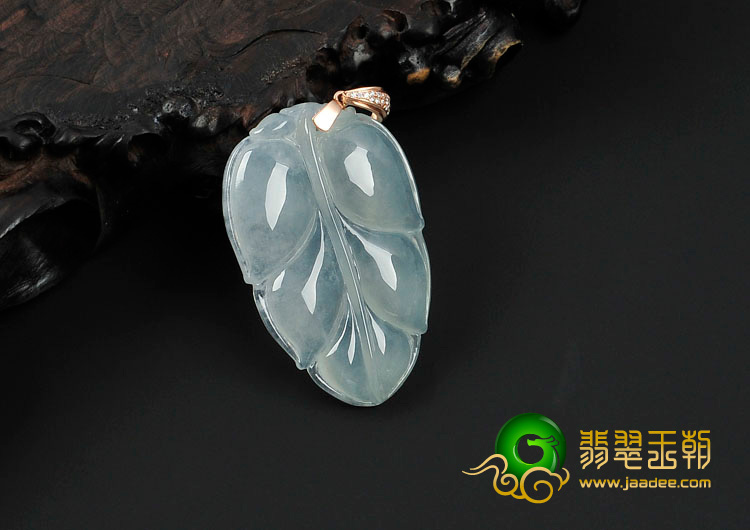 冰种晴水缅甸翡翠镶玫瑰金扣叶子挂件（真钻）