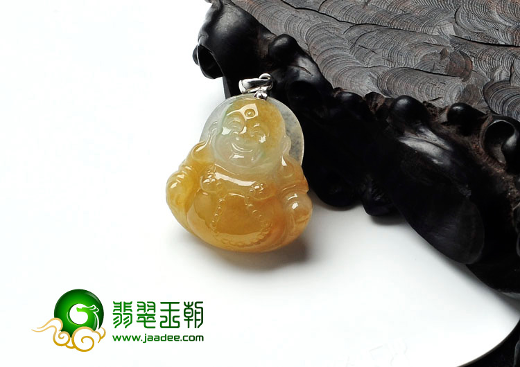 冰种黄翡略飘花缅甸翡翠玉佛挂件