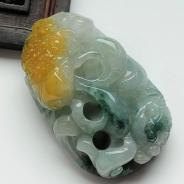 糯冰种黄翡飘花缅甸翡翠招财进宝挂件