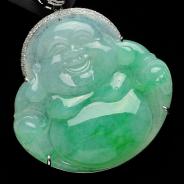 糯冰种翠色缅甸翡翠镶白金玉佛胸坠（真钻）