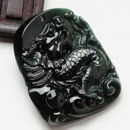 冰种墨翠缅甸翡翠龙牌挂件