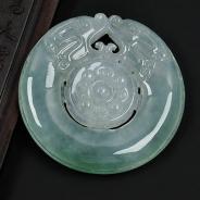 冰种飘花缅甸翡翠双龙如意挂件