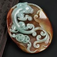 糯冰种褐红翡缅甸翡翠大螭龙牌挂件