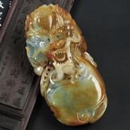 糯冰种褐黄翡晴水缅甸翡翠龙头手玩件