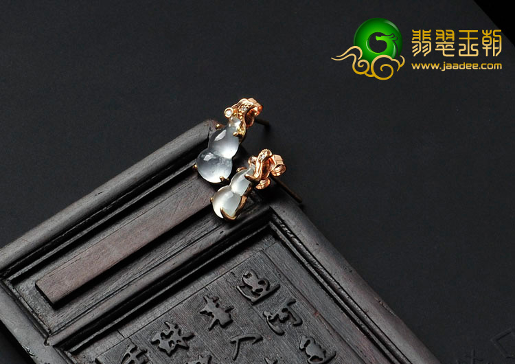 玻璃种缅甸翡翠镶玫瑰金葫芦耳钉