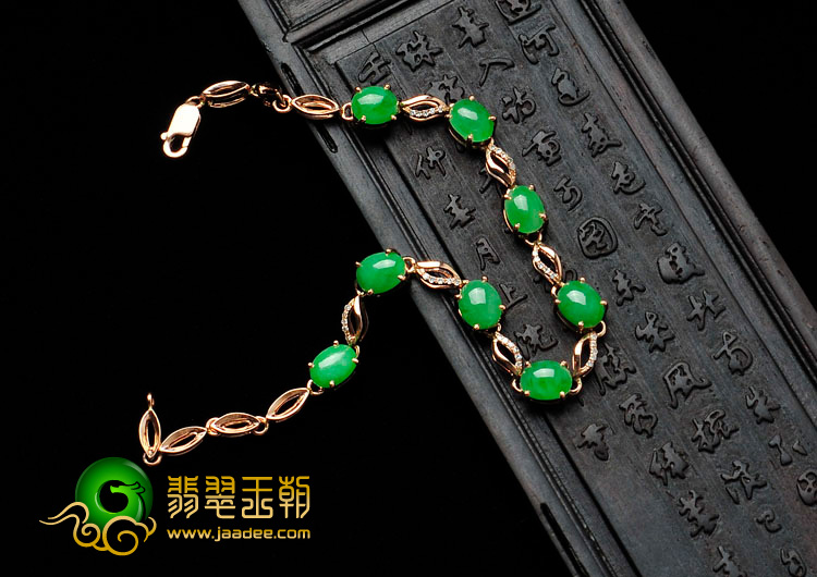 糯冰种翠色缅甸翡翠镶玫瑰金手链