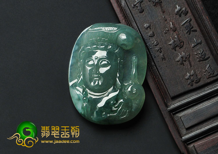 冰种蓝晴水略飘花缅甸翡翠观音头挂件