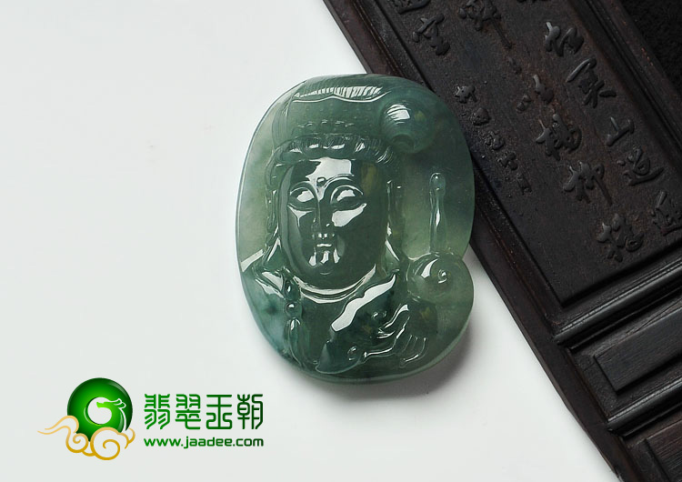 冰种蓝晴水略飘花缅甸翡翠观音头挂件