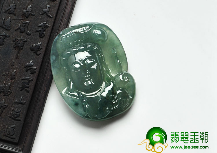 冰种蓝晴水略飘花缅甸翡翠观音头挂件