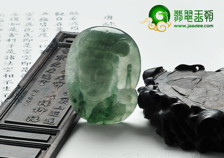 冰种蓝晴水略飘花缅甸翡翠观音头挂件
