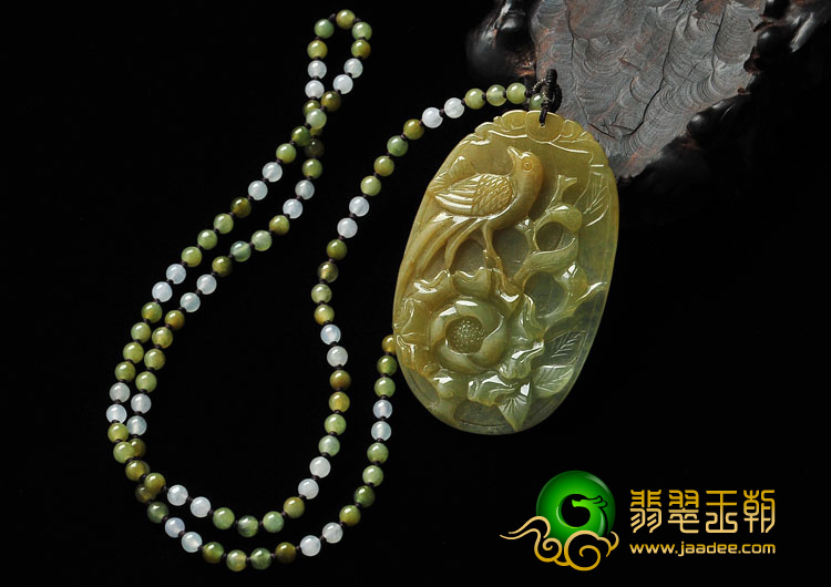 糯冰种褐黄翡缅甸翡翠富贵花开挂件