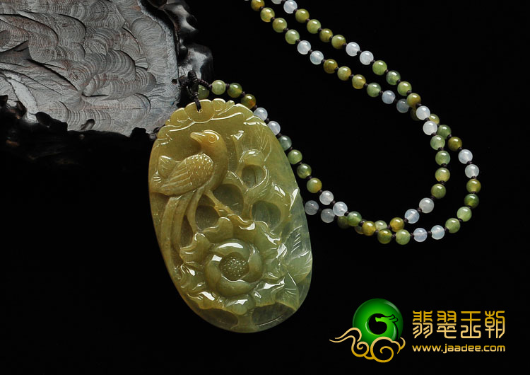 糯冰种褐黄翡缅甸翡翠富贵花开挂件