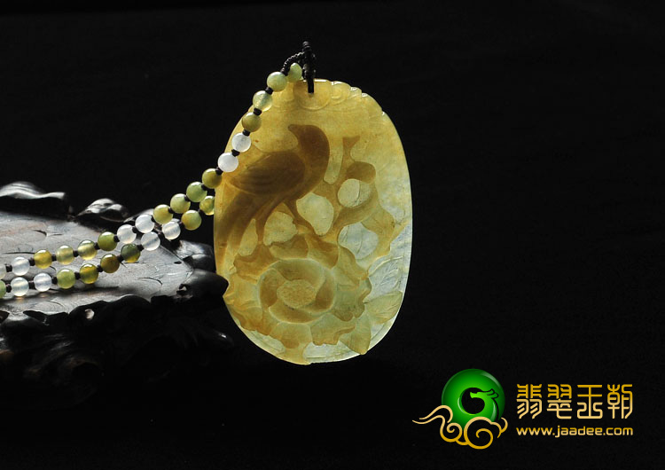 糯冰种褐黄翡缅甸翡翠富贵花开挂件