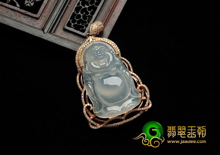 冰种缅甸翡翠镶玫瑰金玉佛胸坠（真钻）