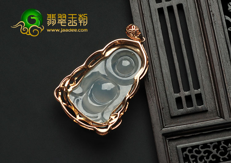 冰种缅甸翡翠镶玫瑰金玉佛胸坠（真钻）