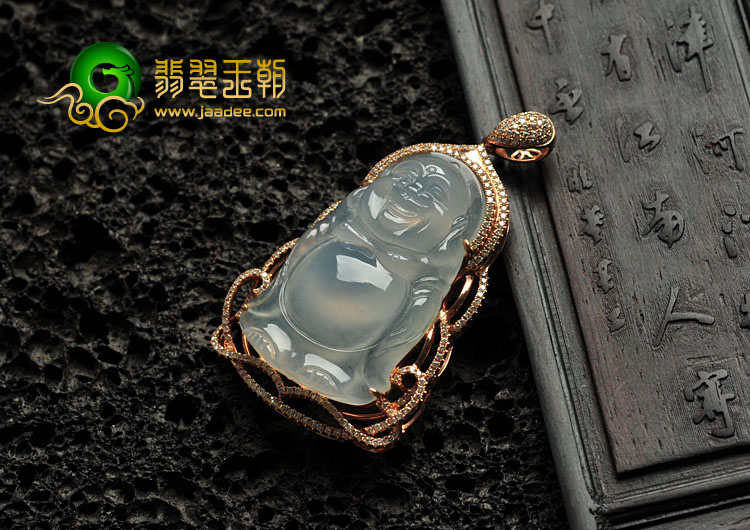 冰种缅甸翡翠镶玫瑰金玉佛胸坠（真钻）