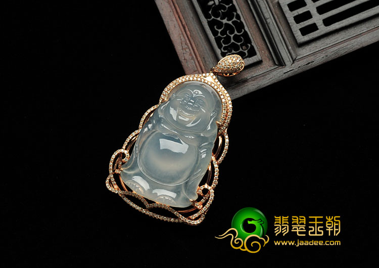 冰种缅甸翡翠镶玫瑰金玉佛胸坠（真钻）