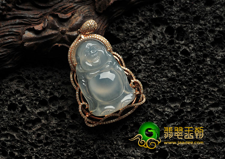冰种缅甸翡翠镶玫瑰金玉佛胸坠（真钻）