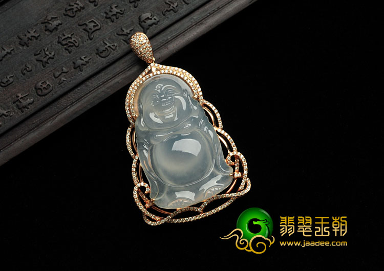 冰种缅甸翡翠镶玫瑰金玉佛胸坠（真钻）