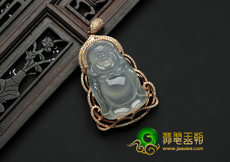 冰种缅甸翡翠镶玫瑰金玉佛胸坠（真钻）