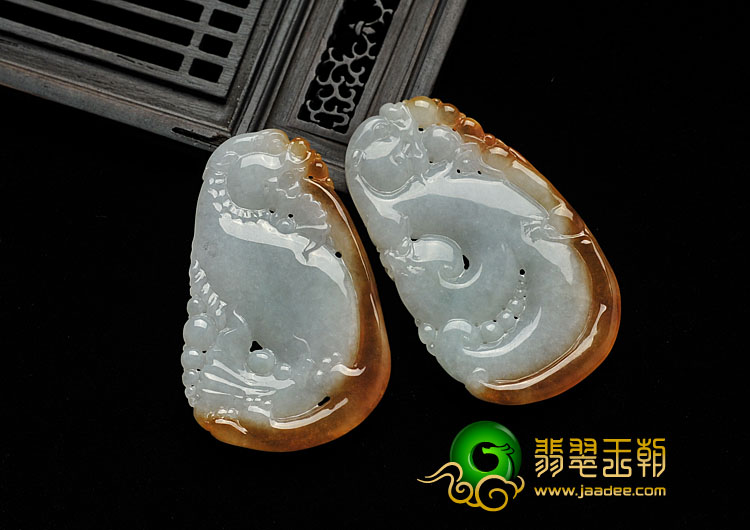 糯冰种红黄翡缅甸翡翠A货仿古鱼龙挂件（一对）