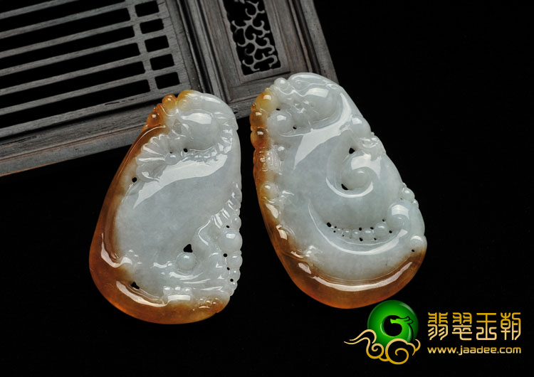 糯冰种红黄翡缅甸翡翠A货仿古鱼龙挂件（一对）
