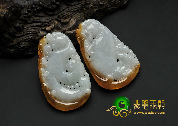 糯冰种红黄翡缅甸翡翠A货仿古鱼龙挂件（一对）