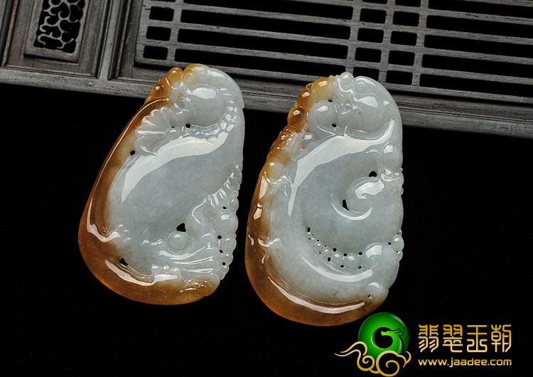 糯冰种红黄翡缅甸翡翠A货仿古鱼龙挂件（一对）