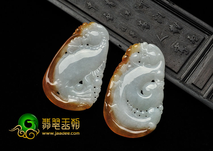 糯冰种红黄翡缅甸翡翠A货仿古鱼龙挂件（一对）