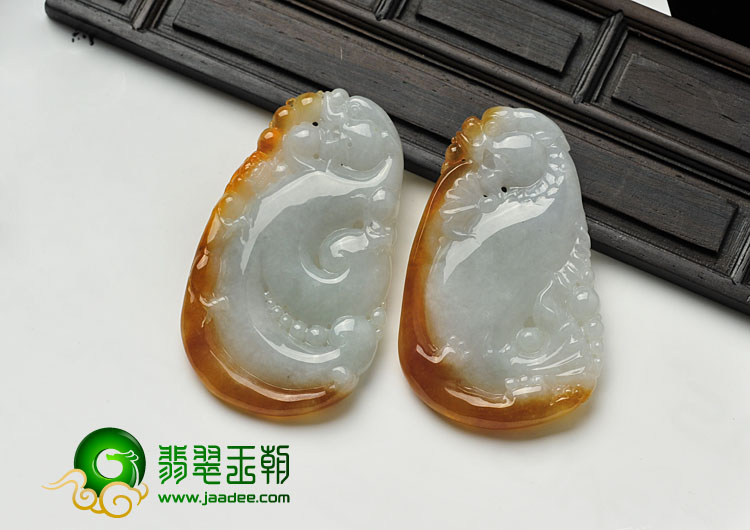 糯冰种红黄翡缅甸翡翠A货仿古鱼龙挂件（一对）