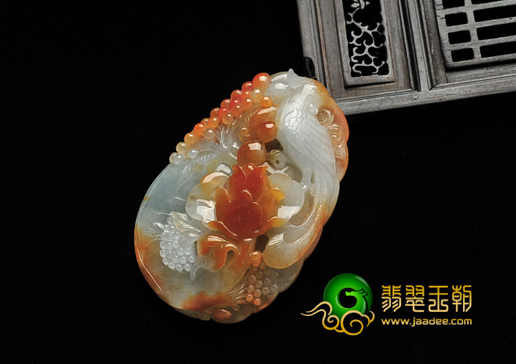 糯冰种红黄翡缅甸翡翠A货鸟语花香挂件
