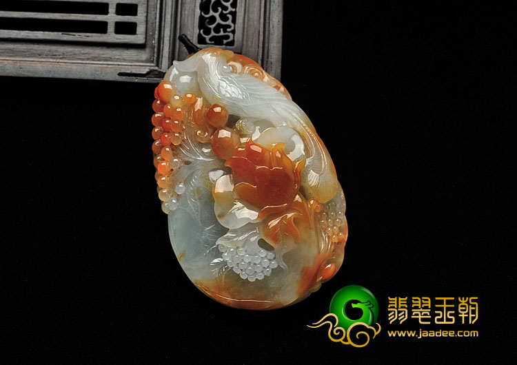 糯冰种红黄翡缅甸翡翠A货鸟语花香挂件