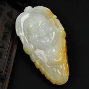 糯冰种黄翡缅甸翡翠笑佛头挂件