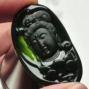 冰种墨翠缅甸翡翠观音头挂件